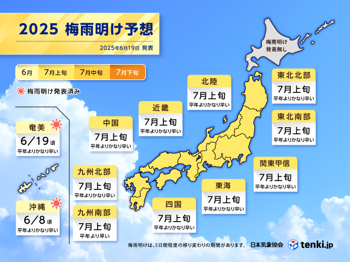 【日本気象協会】2025梅雨明け予想(2025年6月19日発表)