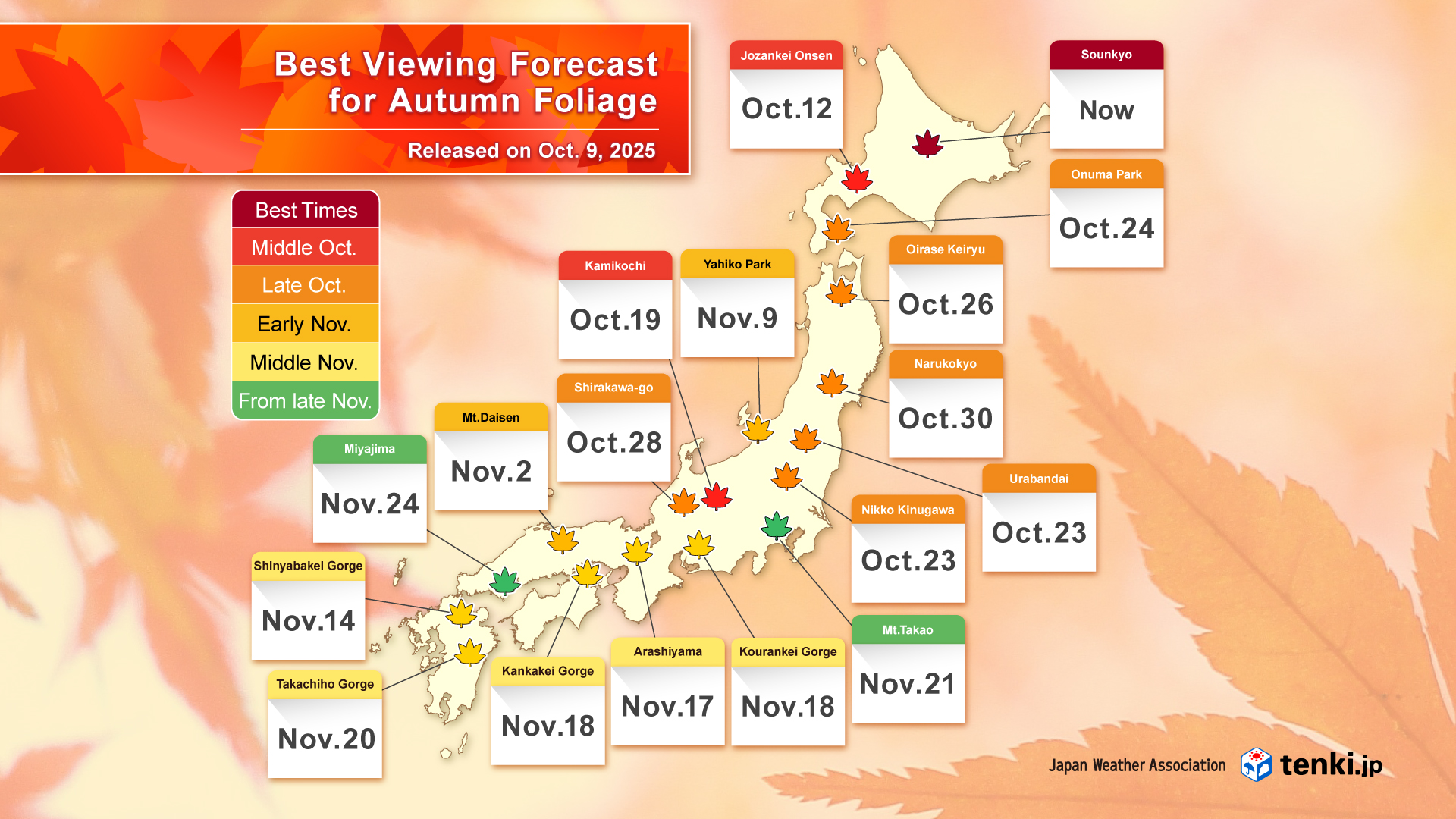 Japan Weather Association Best Viewing Forecast for Autumn Foliage as of Oct 9 2025