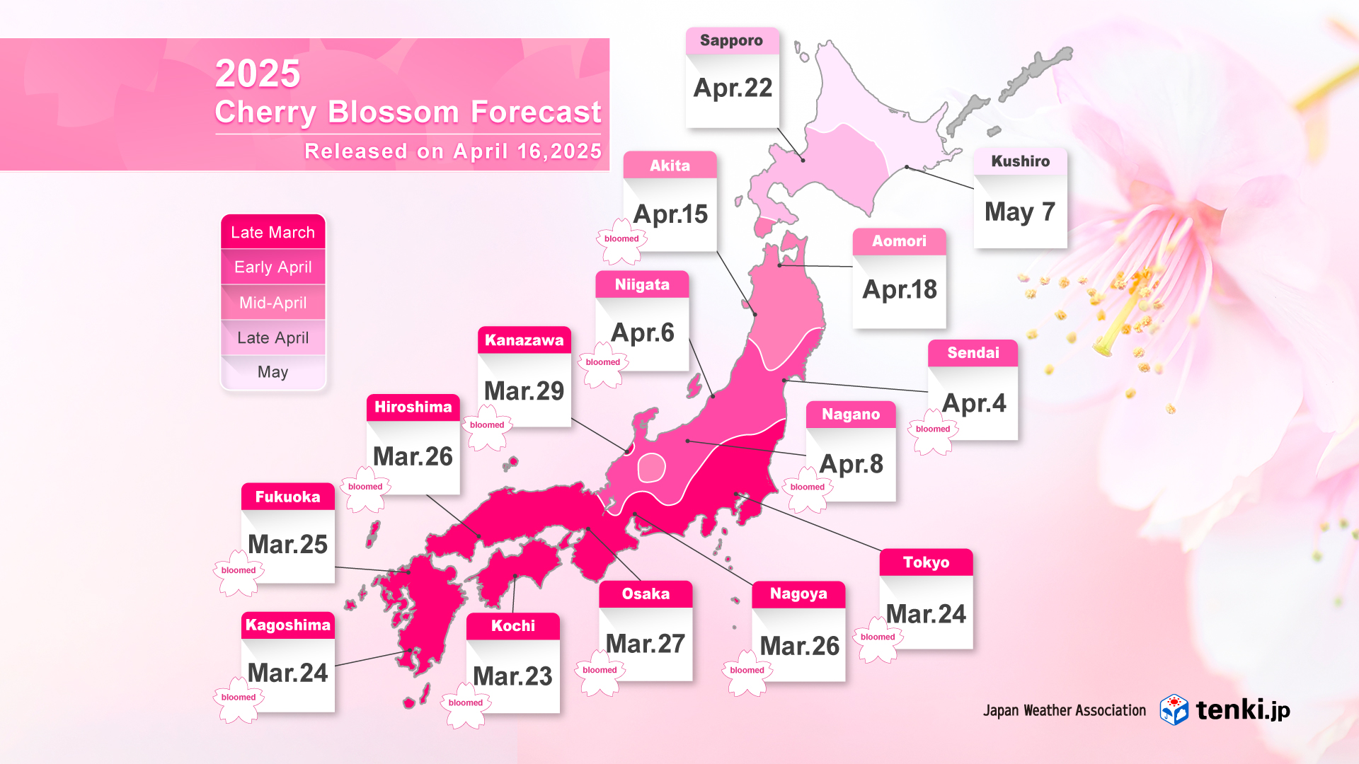 2025 Cherry Blossom Forecast (as of April 16th, 2025)
